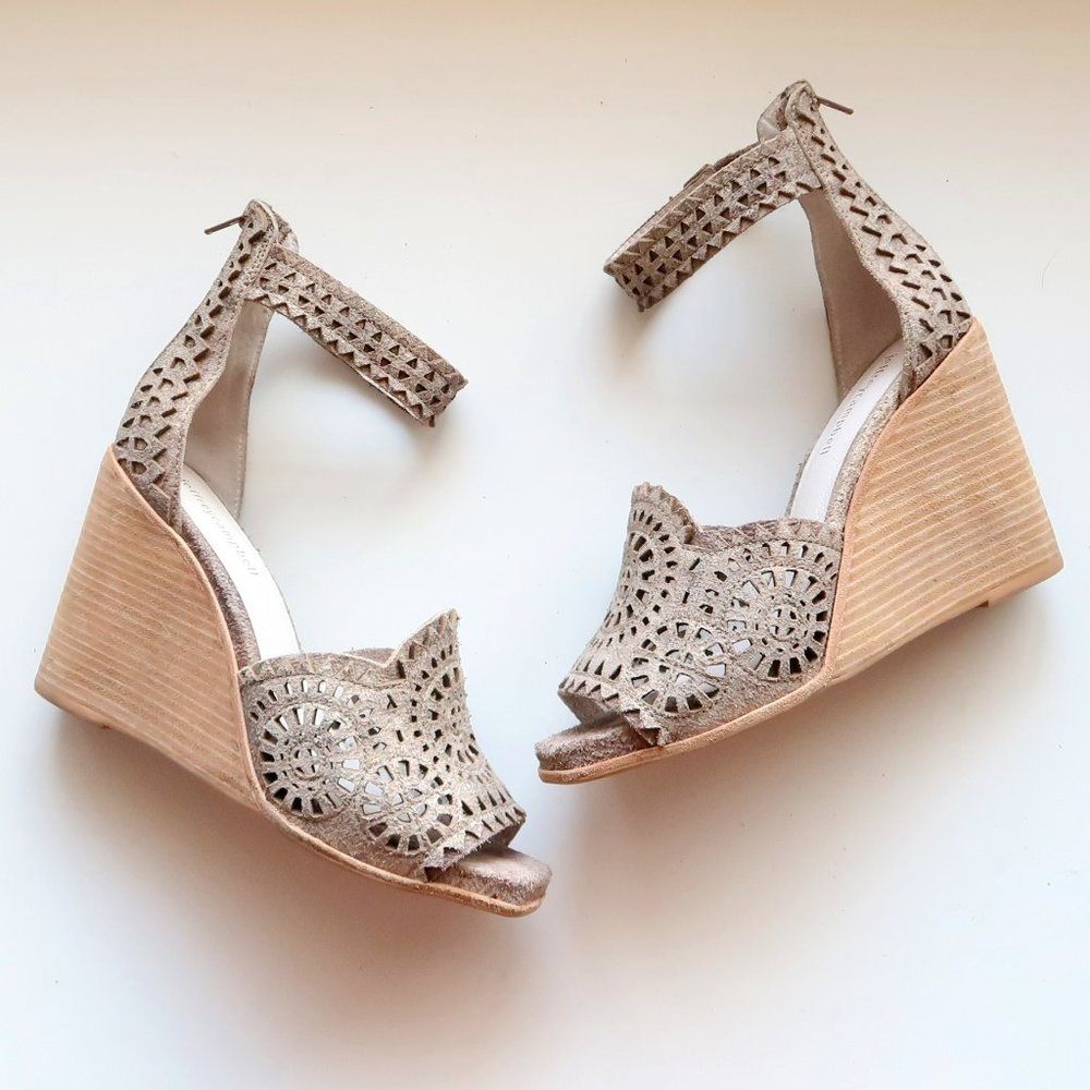 Jeffrey Campbell Del Sol Taupe Suede Laser Cut Ankle Strap Wedge Heel Sandals 8